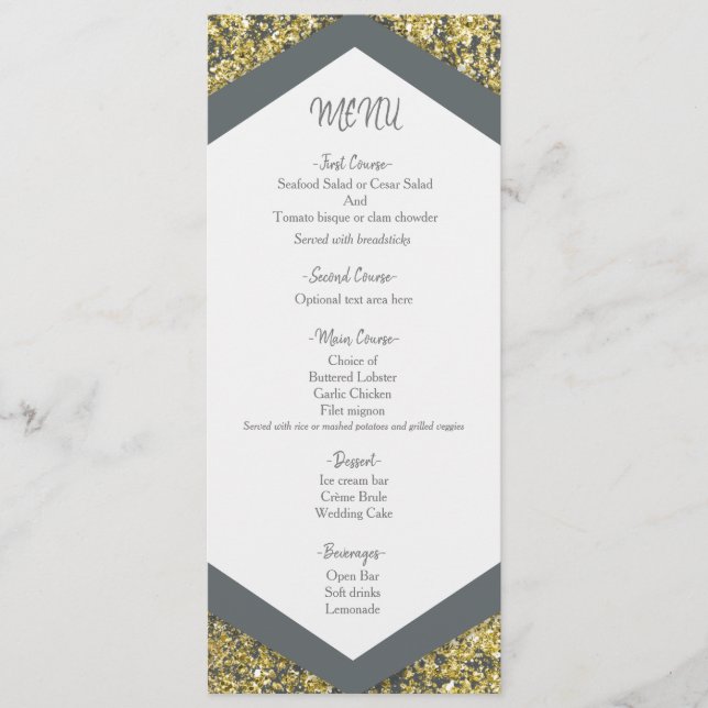 Chic Grey & Gold Glitzer Flakes Glam Wedding Menu Menükarte (Vorderseite)
