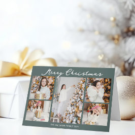 Chic Grey Green Christmas Photo Collage Folded Feiertagskarte
