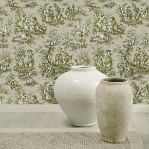 Chic Grün Grau Vintage Französische Toile de Jouy Tapete