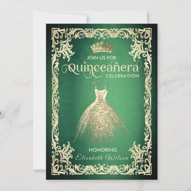 Chic grünen Luxus Gold Kleid tiara Quinceañera Einladung (Vorderseite)