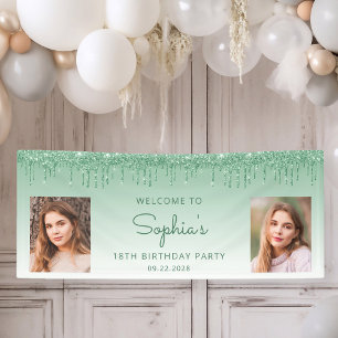 Chic grüner Glitter-Drip Zwei-Foto 18. Geburtstag Banner