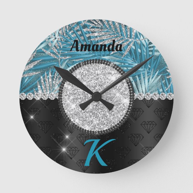 Chic gurt türkis Aqua Glitzer Blätter monogramm Runde Wanduhr (Vorderseite)