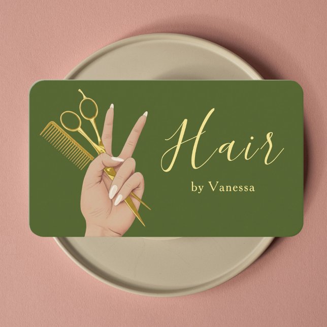 Chic Hair Salon Hairstylist Hairdresser Moss Green Visitenkarte (Von Creator hochgeladen)