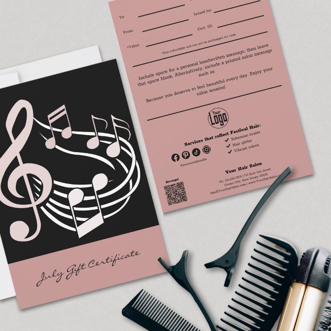 Chic Hairstylist Pink Juligeschenk (Chic Hairstylist Pink July Gift Certificate, Logo, QR Code, Professional Tracking)