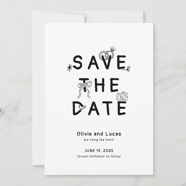 Chic Hand Drawn Black and White Wedding Save The Date (Vorderseite)