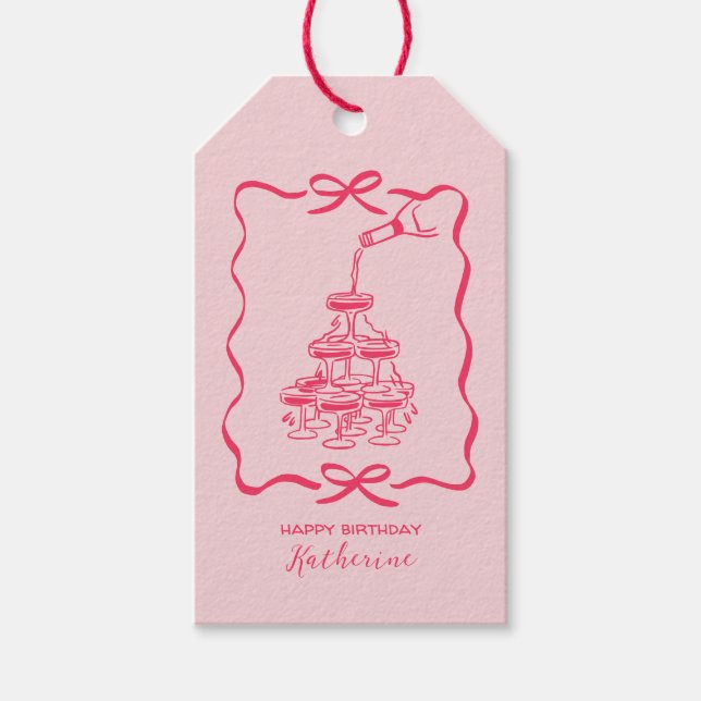 Chic Hand Drawn Pink Champagne Tower Birthday Geschenkanhänger (Vorderseite)