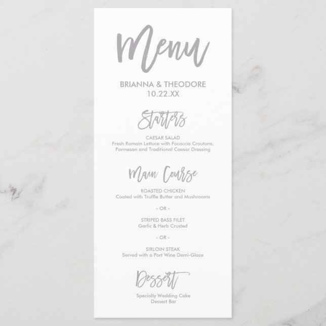 Chic Hand Letted Silver Wedding Menu Menükarte (Vorderseite)