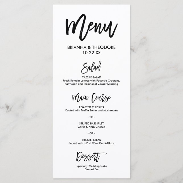 Chic Hand Letted Wedding Menu Programm (Vorderseite)