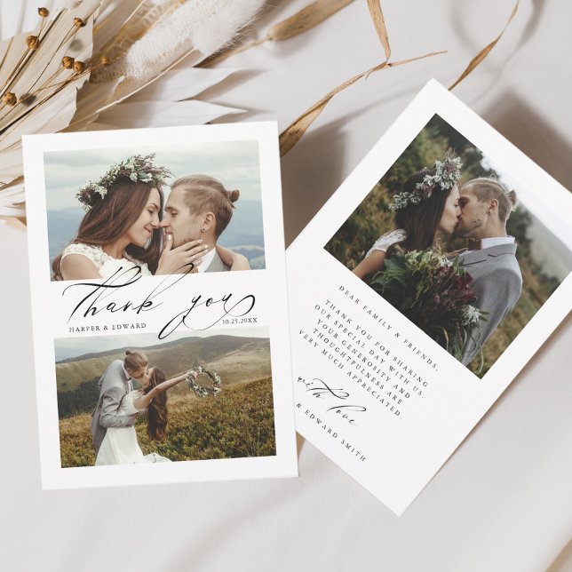 Chic Hand Letter 3 Foto Wedding Dankeskarte (Von Creator hochgeladen)