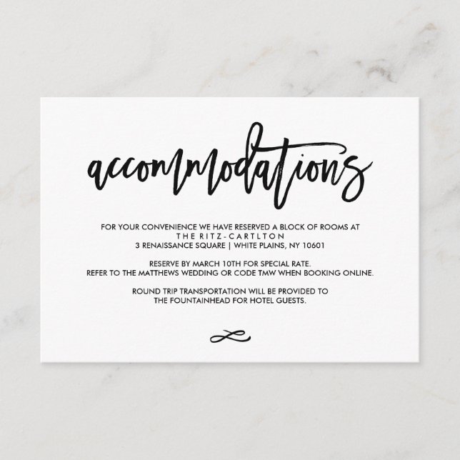 Chic Hand Letter Wedding Accomodation Card Begleitkarte (Vorderseite)