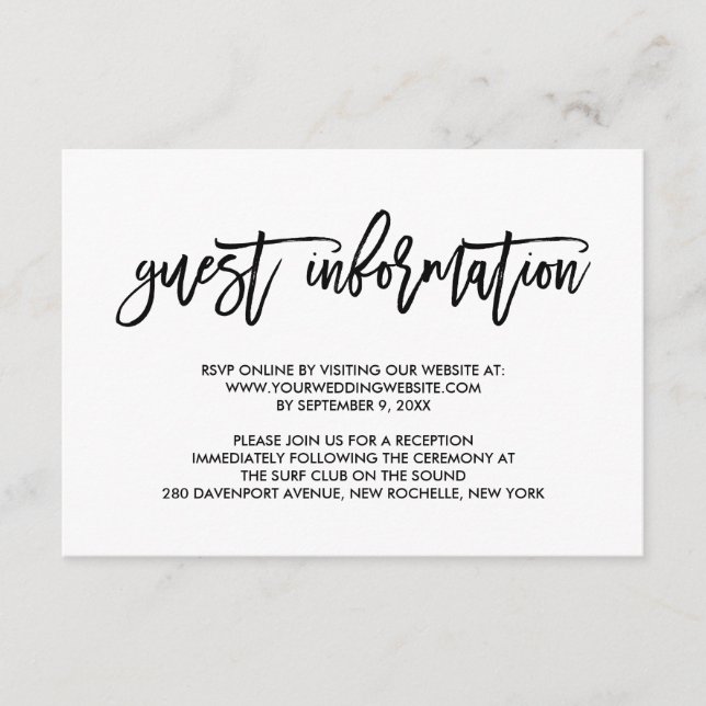 Chic Hand Letter Wedtered Guest Information Begleitkarte (Vorderseite)