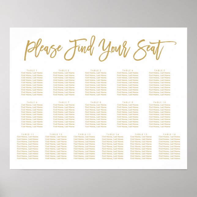 Chic Hand Lettered Chart Gold 16 Tische Poster (Vorne)