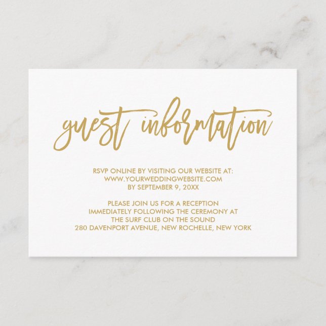 Chic Hand Lettered Gold Wedding Guest Information Begleitkarte (Vorderseite)