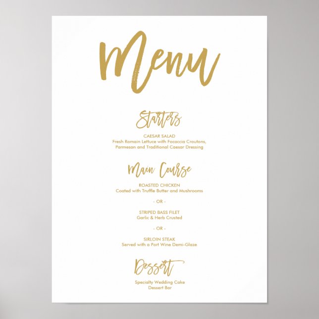 Chic Hand Lettered Gold Wedding Menu Poster (Vorne)