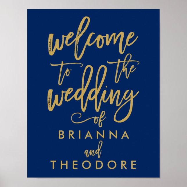 Chic Hand Lettered Gold Wedding Welcome Sign Navy Poster (Vorne)