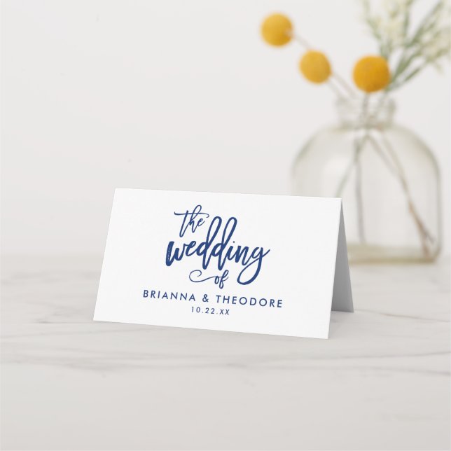 Chic Hand Lettered Navy Hochzeitkarte Platzkarte (Rückseite)