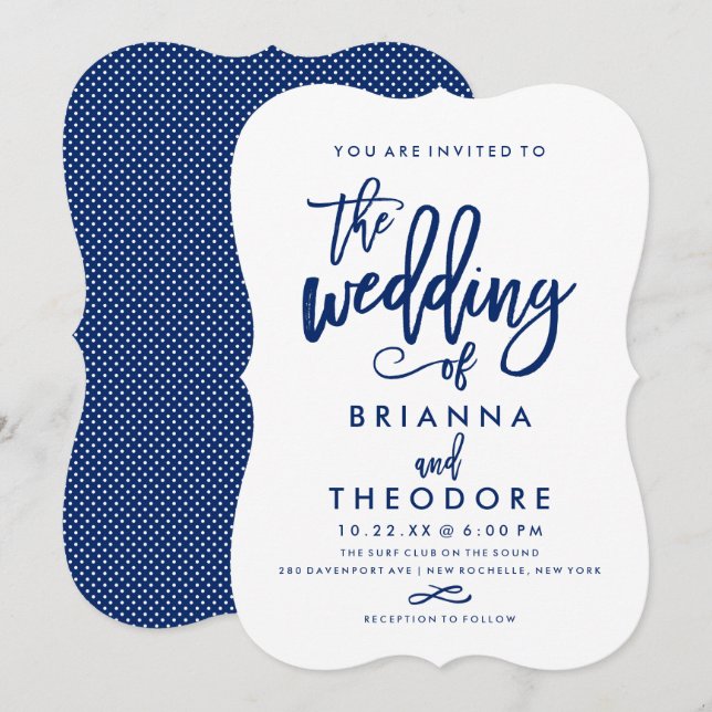 Chic Hand Lettered Navy Wedding Einladung (Vorne/Hinten)