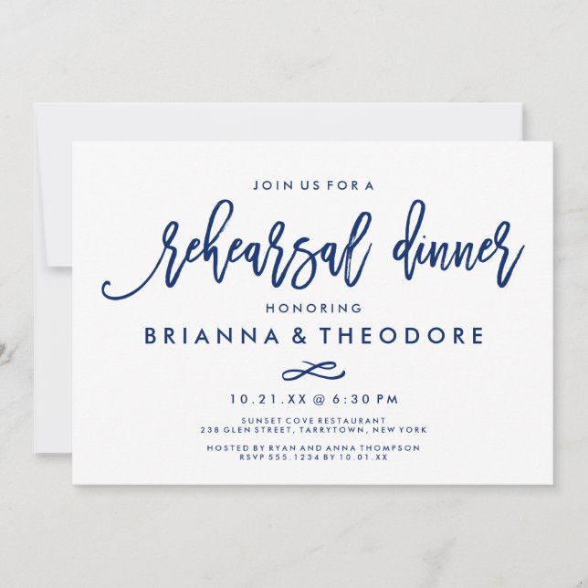 Chic Hand Lettered Wedding Probe Dinner Navy Einladung (Vorderseite)