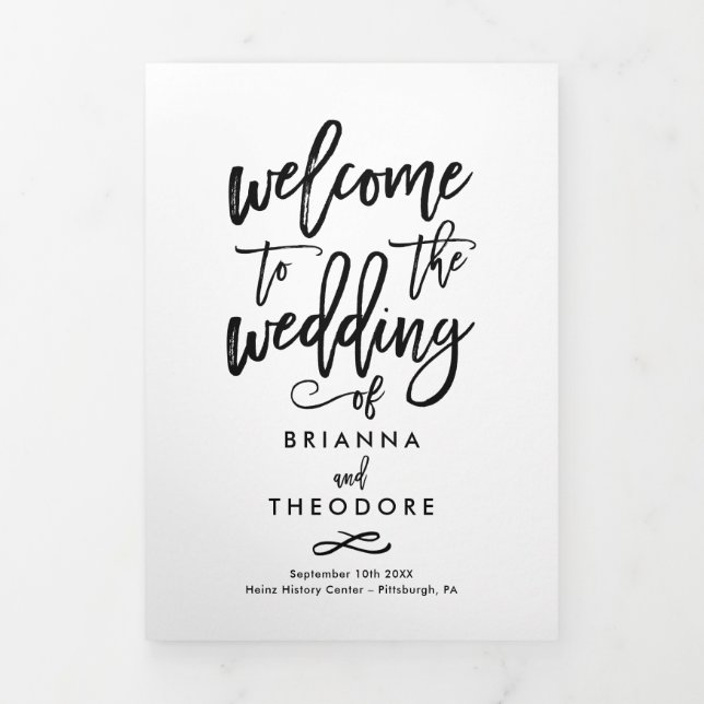 Chic Hand Lettered Wedding Zeremony Foto Program Dreifach-gefaltete Programmkarte (Cover)