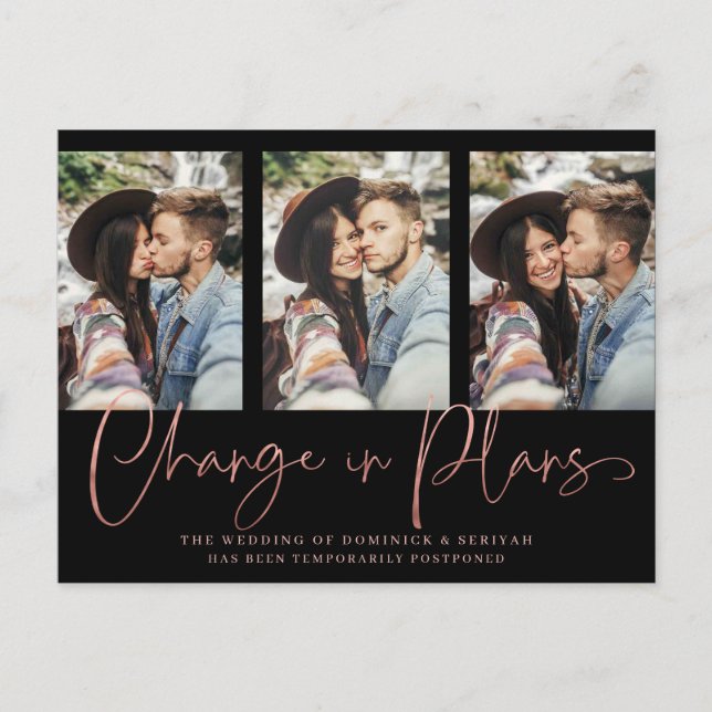 Chic Handgeschriebene Rose Gold Wedding Postponeme Postkarte (Vorderseite)