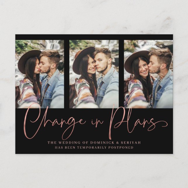 Chic Handgeschriebene Rose Gold Wedding Postponeme Postkarte (Vorderseite)