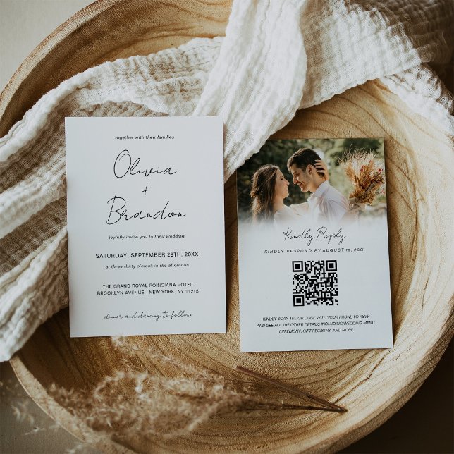 Chic Handgeschriebenes Script QR Code Foto Hochzei Einladung (Chic Handwritten Script QR Code Photo Wedding Invitation
)