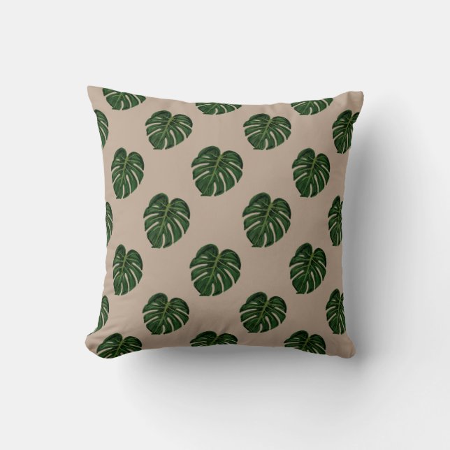 Chic handgezeichnet Monstera Blatt und Sand Farbe Kissen (Vorderseite)