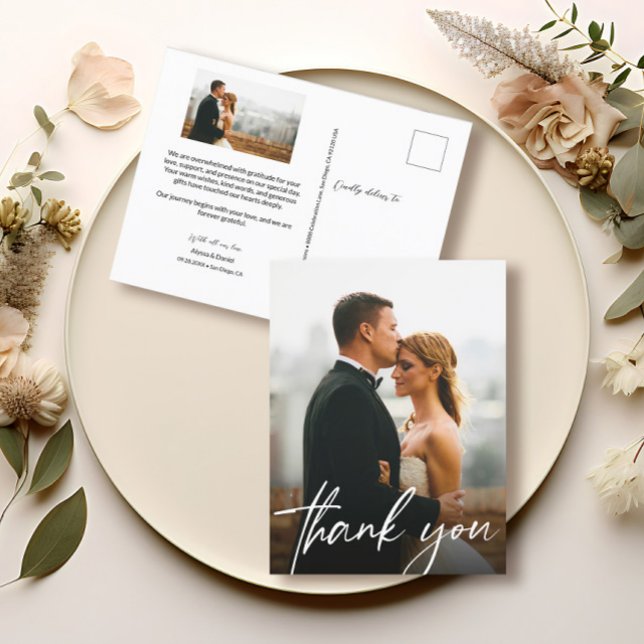 Chic Handling Foto Hochzeit danke Postkarte (Elegant and chic photo wedding thank you postcards.)