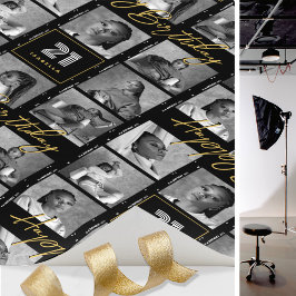 Chic Happy Birthday Foto Film Strip Black Gold Geschenkpapier