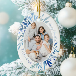 Chic Happy Hanukkah Family Foto Blue Keramik Ornament
