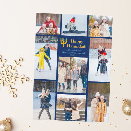 Chic Happy Hanukkah Family Photo Collage Blue Gold Feiertagskarte