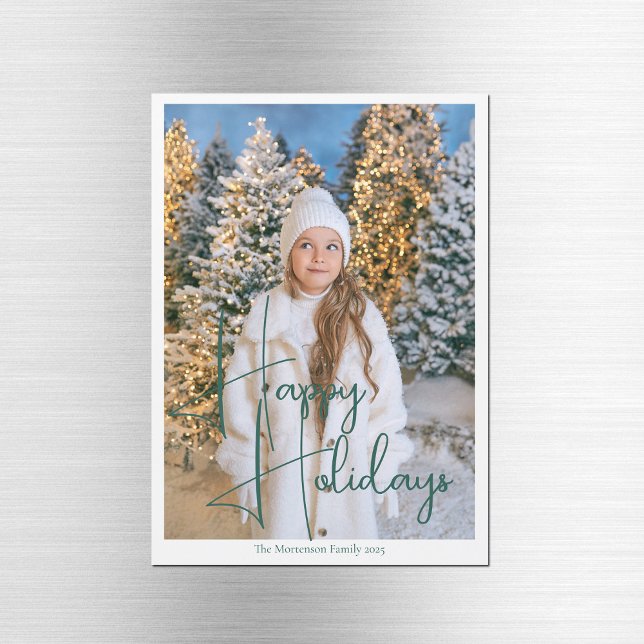 Chic Happy Holidays Green Script Foto Magnet Card (Von Creator hochgeladen)