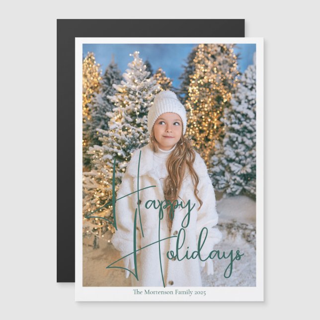 Chic Happy Holidays Green Script Foto Magnet Card (Vorne/Hinten)