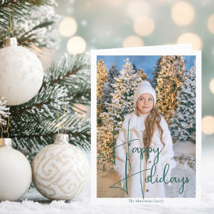 Chic Happy Holidays Green Script Overlay Foto Feiertagskarte