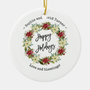 Chic Happy Holidays Script Poinsettia Monogram Keramik Ornament