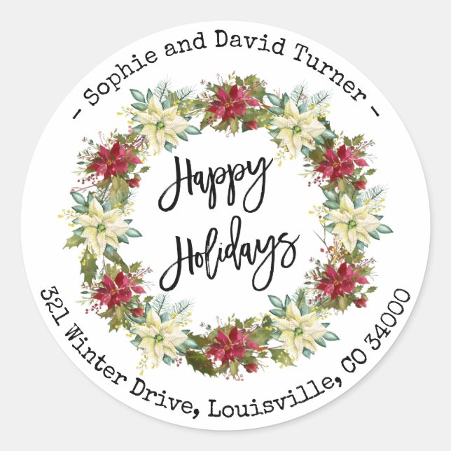 Chic Happy Holidays Script Poinsettia Monogram Runder Aufkleber (Vorderseite)
