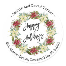 Chic Happy Holidays Script Poinsettia Monogram
