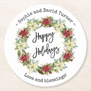 Chic Happy Holidays Script Poinsettia Monogram Runder Pappuntersetzer