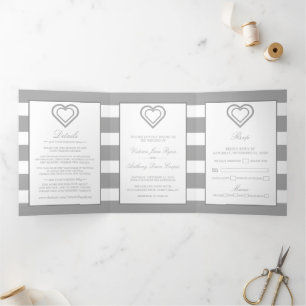 Chic Heart, Silver Stripe Hochzeitssuite Dreifach Gefaltete Einladung