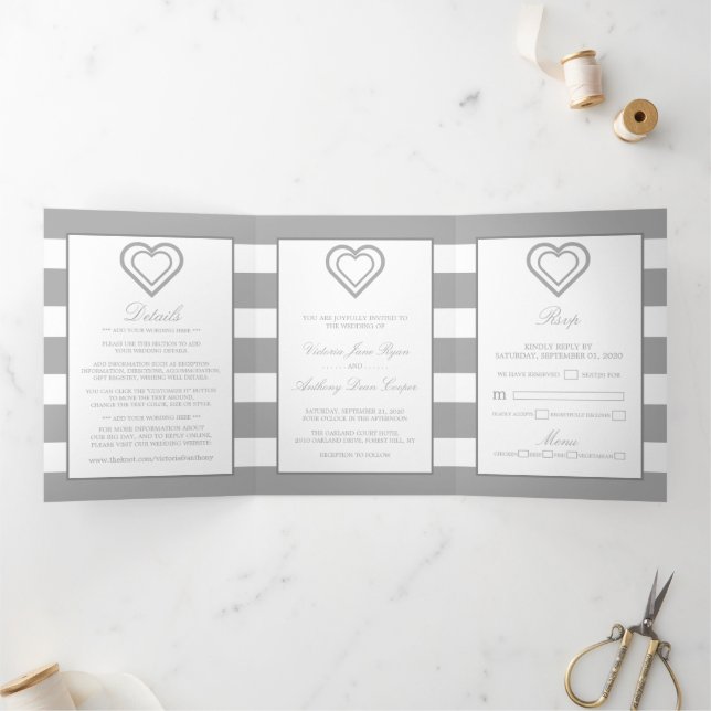 Chic Heart, Silver Striping Wedding Suite Dreifach Gefaltete Einladung (Innenseite)