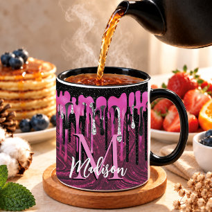 Chic heißrosa schwarze Glittertropfen Monogramm Tasse