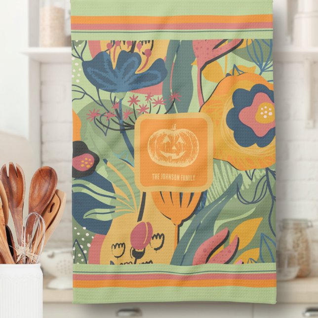 Chic Hellgrün Senf Herbst Blumen Kürbis Geschirrtuch (Sage Green Mustard Fall Floral Pumpkin Kitchen Towel – Susanne Sachers - Sunny Mind 🌞)