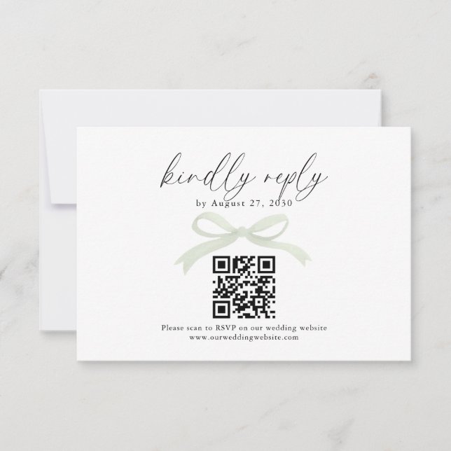 Chic Hellgrünes Bogenband QR-Code Hochzeit RSVP Karte (Vorderseite)