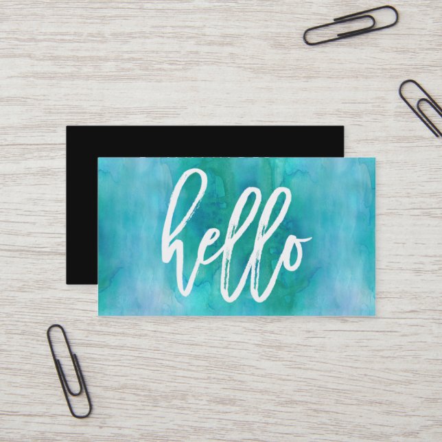 Chic Hello Aqua Watercolor | Visitenkarte (Vorderseite/Rückseite Beispiel)