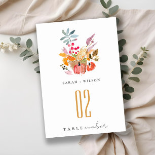 Chic Herbst Harvest Pumpkin Wasserfarbenhochzeit Tischnummer