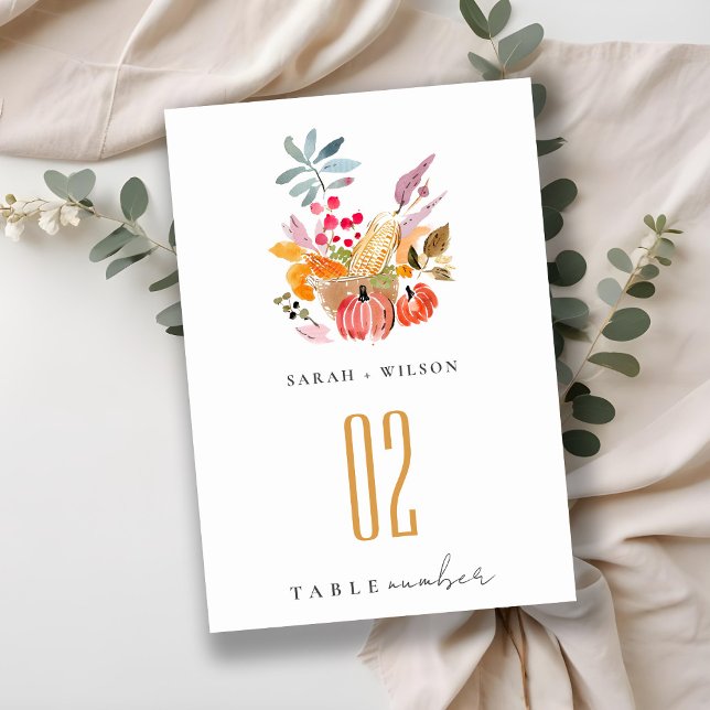 Chic Herbst Harvest Pumpkin Wasserfarbenhochzeit Tischnummer (Von Creator hochgeladen)