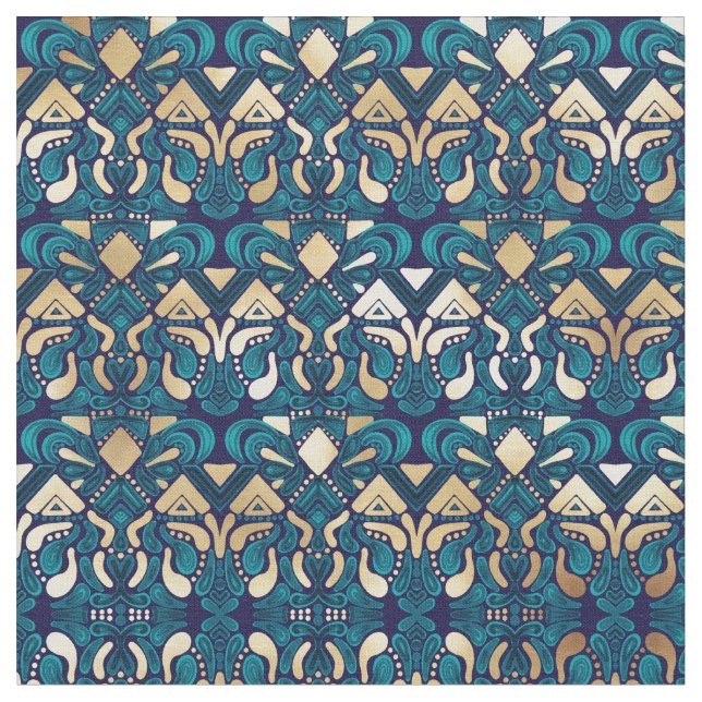 Chic Hipster Gold Emerald Blue Tribal Künstlerisch Stoff (Nahaufnahme)