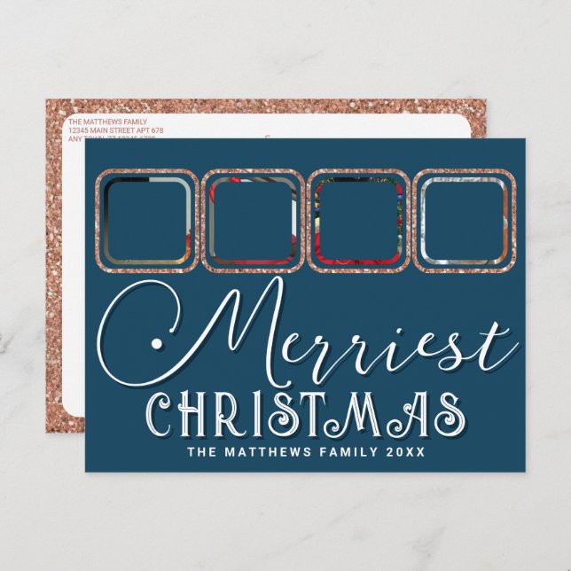 Chic Holiday Foto Script Rose Gold Blue Weihnachte Postkarte (Vorne/Hinten)