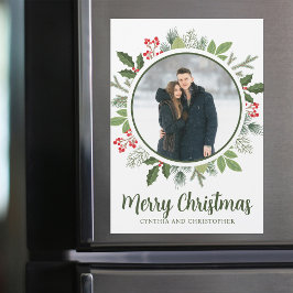 Chic Holly Christmas Wreath Foto Magnet Card