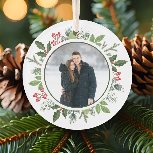 Chic Holly Wreath 2 Sided Couple Photo Christmas Ornament (Von Creator hochgeladen)